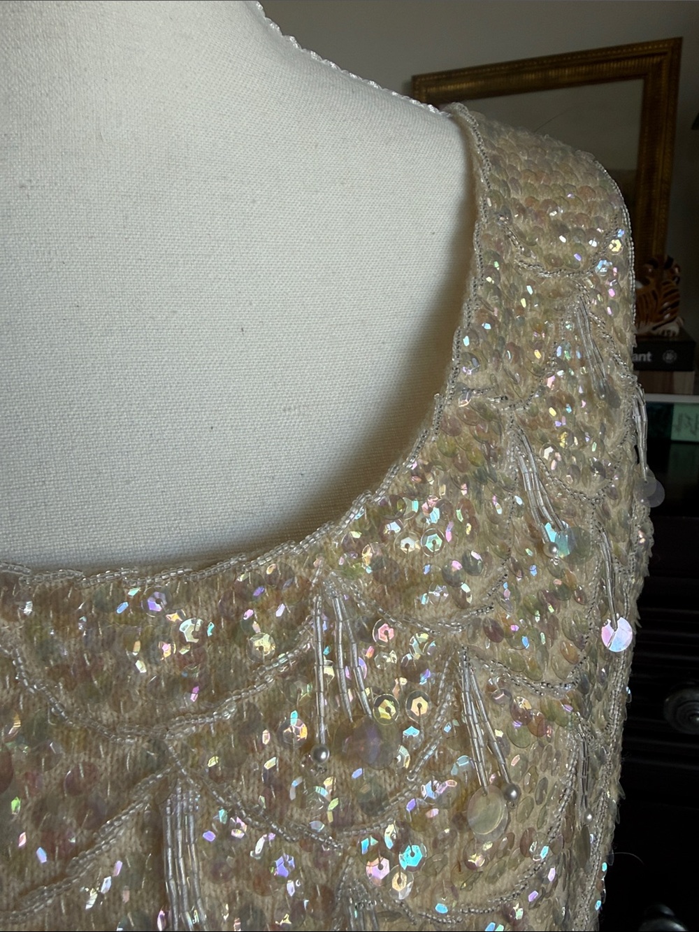 Vintage Handmade Haute Couture Beaded Ivory Sequin Top 100% Wool Size 36 - Picture 4 of 15
